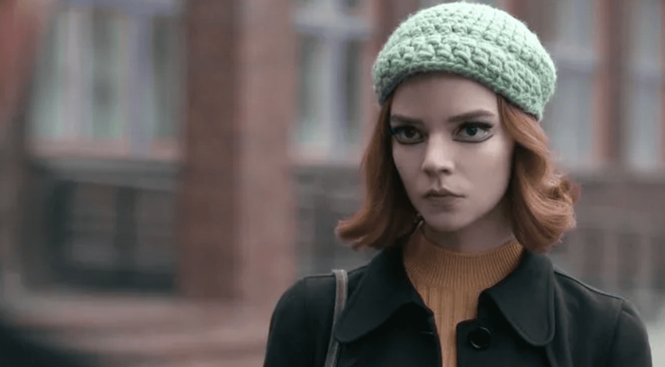 Original green crochet hat worn in The Queen's Gambit final scene -- Anya Taylor-Joy as Beth Harmon wearing the Anat Fritz Jockey hat