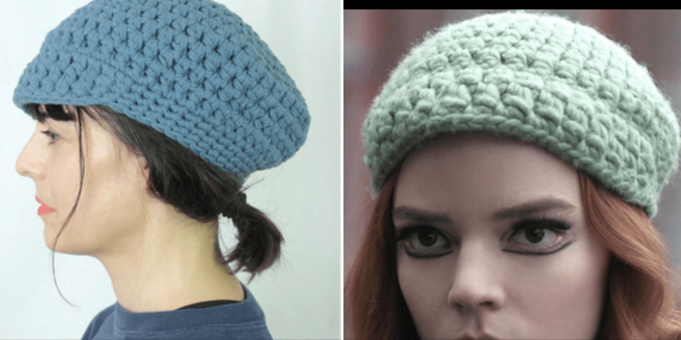 Anat Fritz original 2005 Jockey crochet hat design -- the blue structured crochet hat that inspired The Queen's Gambit green version
